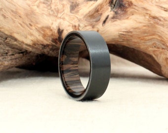 Black Zirconium Wood Ring Lined with Ancient Russian Bog Oak