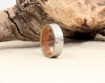 Wood Ring Lined with Bourbon Barrel White Oak Wooden Ring - Hammered Cobalt