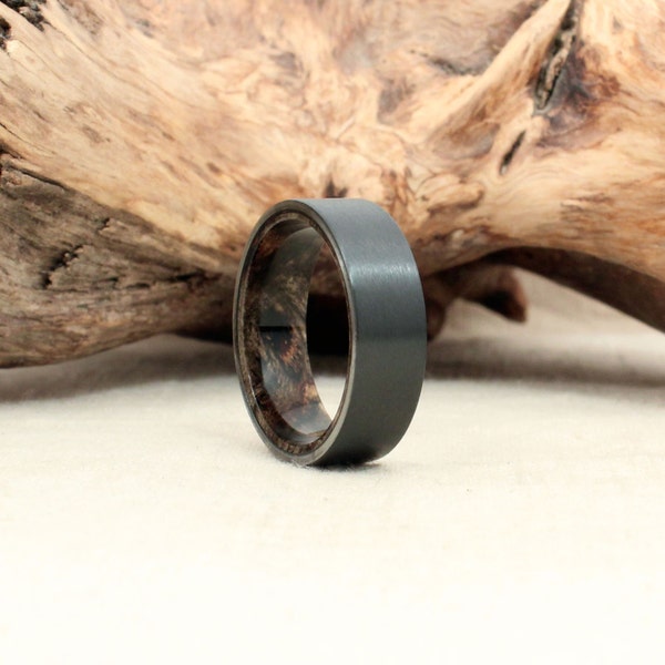 Black Zirconium Wooden Ring Lined with Buckeye Burl