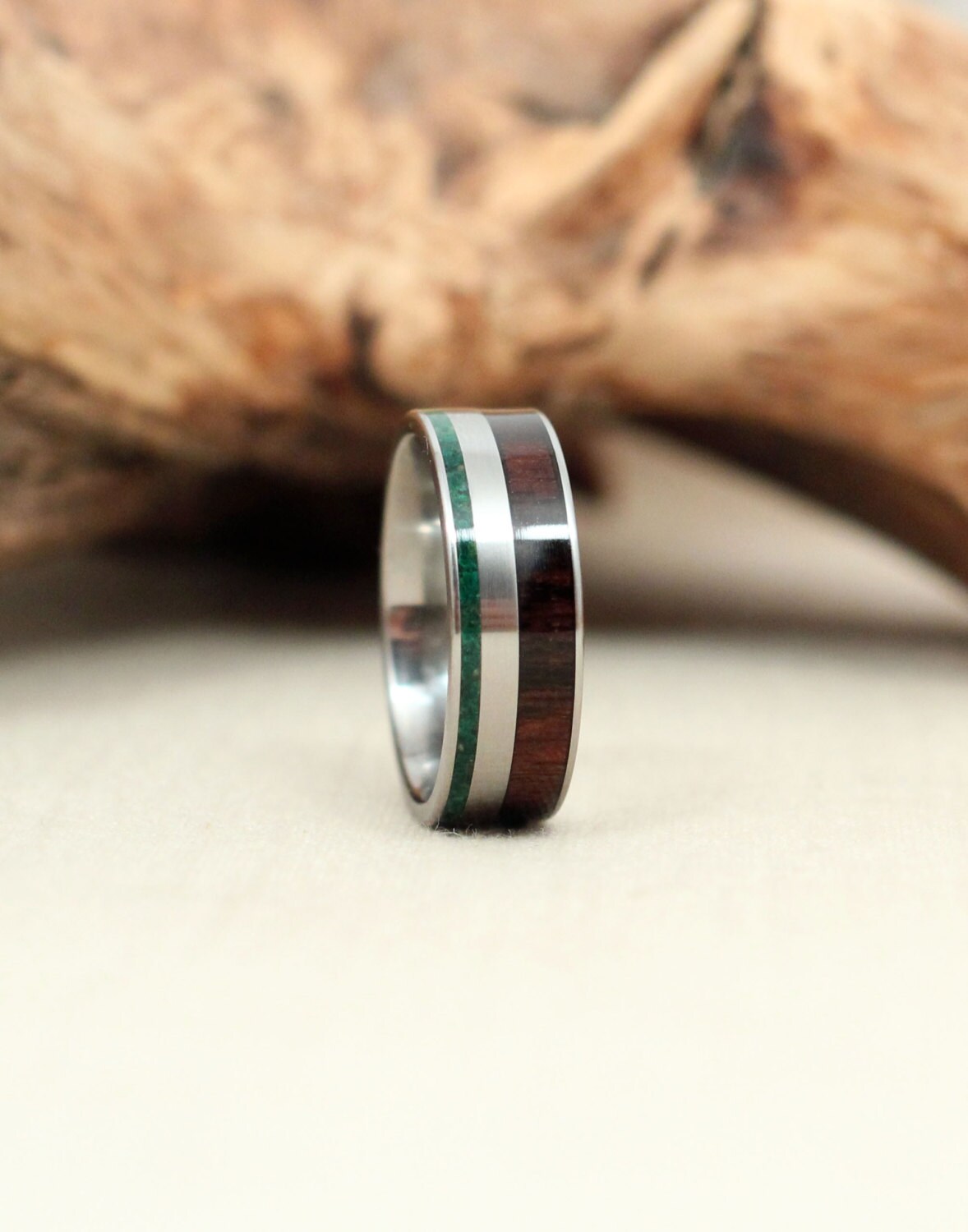 Malay Style Rings Malaysian Blackwood Wooden Ring and Malachite Deconstructed Titanium ...