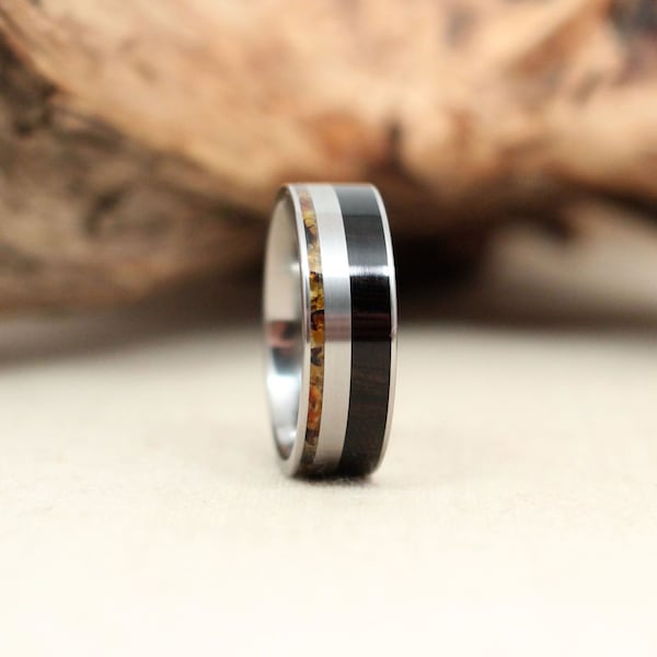 African Blackwood Wooden Ring and Baltic Amber Deconstructed Titanium Ring