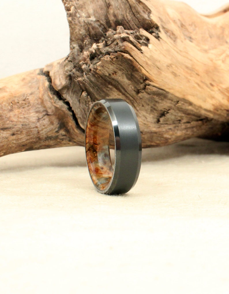 Beveled Black Zirconium Wood Ring Lined with Stabilized Black Ash Burl image 3