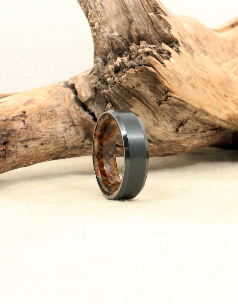 Beveled Black Zirconium Wood Ring Lined with Stabilized Black Ash Burl image 5