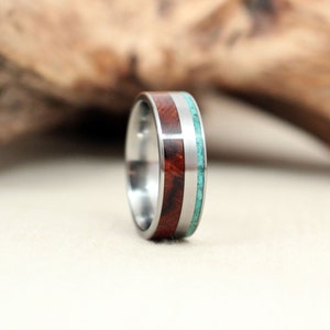 Arizona Desert Ironwood Burl Wooden Ring and Turquoise Deconstructed Wood Ring Titanium Ring - Men's Wedding Band