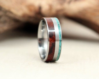 Arizona Desert Ironwood Burl Wooden Ring and Turquoise Deconstructed Wood Ring Titanium Ring