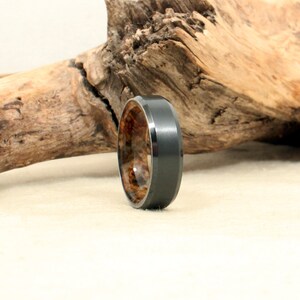 Beveled Black Zirconium Wood Ring Lined with Stabilized Black Ash Burl image 4