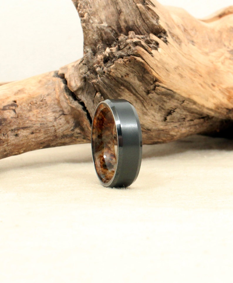 Beveled Black Zirconium Wood Ring Lined with Stabilized Black Ash Burl image 4