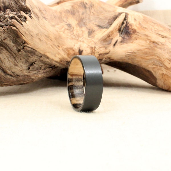 Black Zirconium Wooden Ring Lined with Beetle Kill Pine
