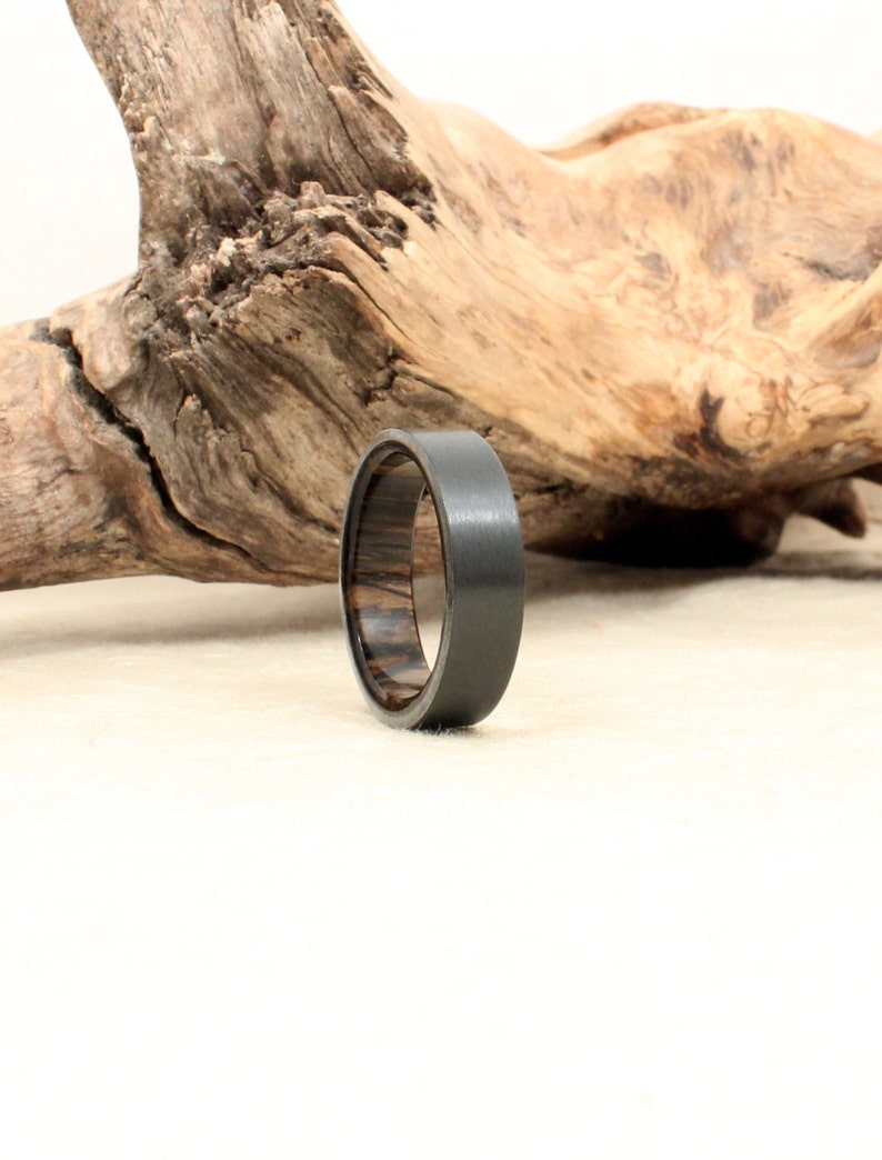 Black Zirconium Wood Ring Lined with Ancient Russian Bog Oak image 4