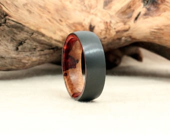 Black Zirconium Wood Ring Lined with Amboyna Burl Heartwood and Sapwood