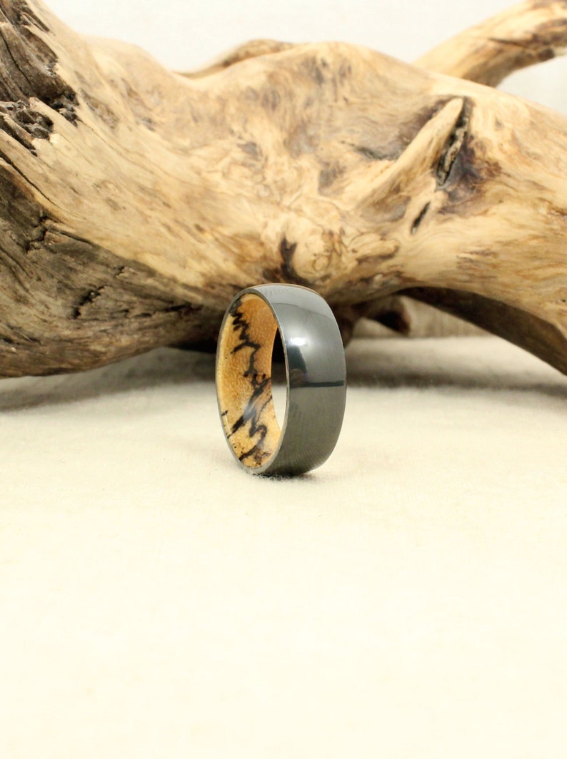 Black Zirconium Wood Ring Lined with Spalted Tamarind Wood image 2