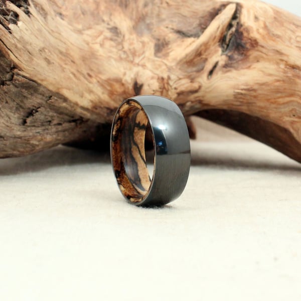 Black Zirconium Wood Ring Lined with Spalted Tamarind Wood