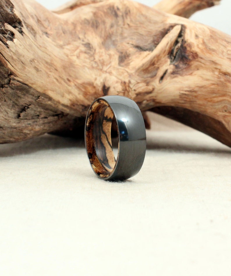 Black Zirconium Wood Ring Lined with Spalted Tamarind Wood image 1