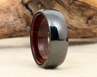 Black Ceramic Exterior Ring with Exhibition Grade Hawaiian Koa