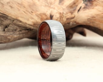 Wood Ring - Hawaiian Koa Wooden Ring Damascus Steel Ring - Damascus Steel