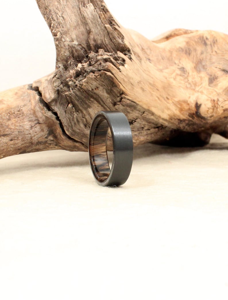 Black Zirconium Wood Ring Lined with Ancient Russian Bog Oak image 5