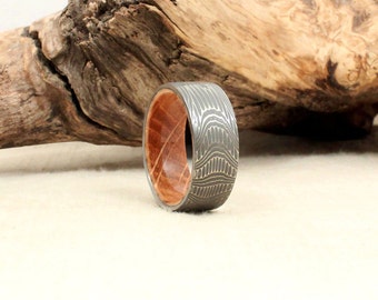 Damascus Steel and Wood Ring - Bourbon Barrel White Oak Stave Wood Ring Damascus Steel Ring