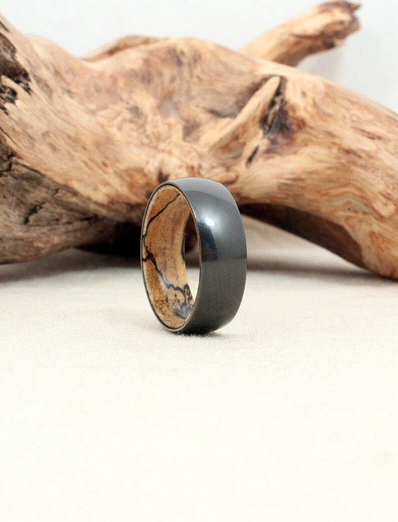 Black Zirconium Wood Ring Lined with Spalted Tamarind Wood image 5