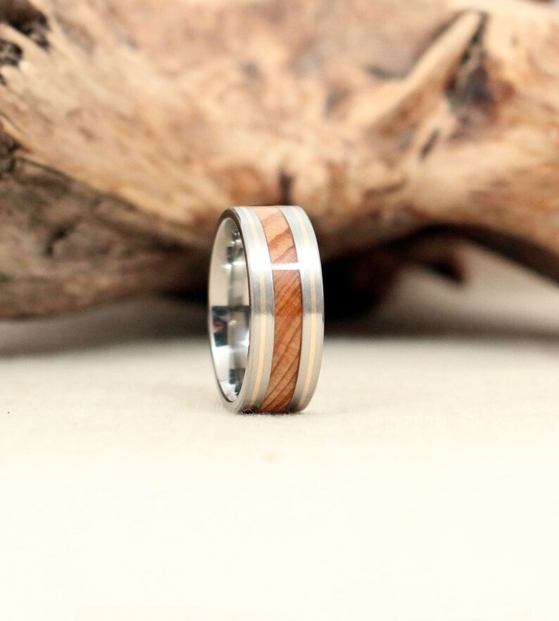 Gold Pinstripe Wood Inlay Ring and Titanium image 2