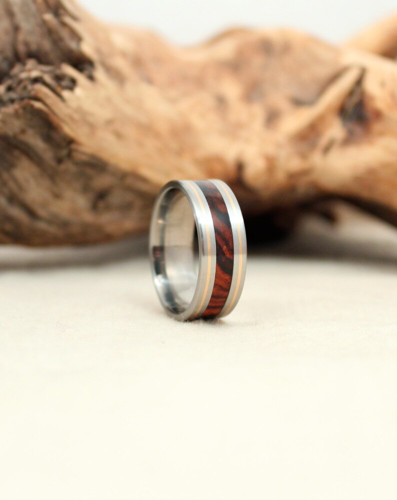 Gold Pinstripe Wood Inlay Ring and Titanium image 1