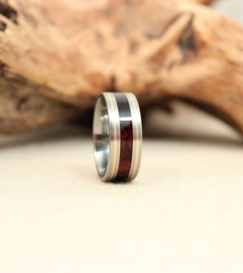 Gold Pinstripe Wood Inlay Ring and Titanium image 3