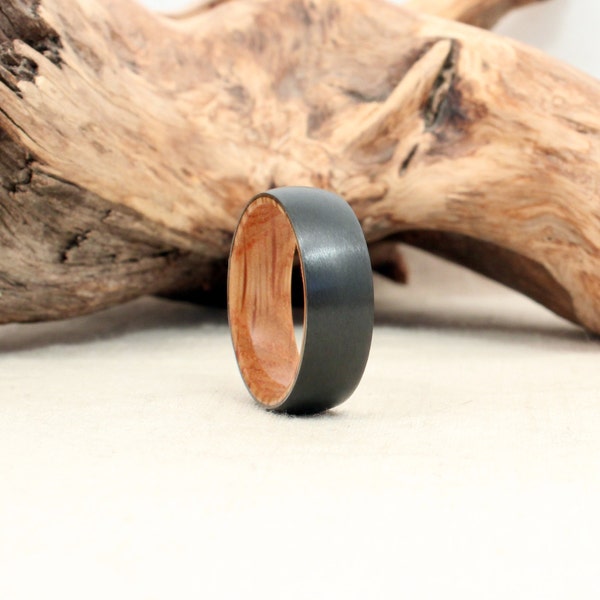 Wood Ring Lined with Whiskey Barrel White Oak Wooden Ring - Black Zirconium
