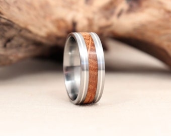 Silver Pinstripe Wood Ring With Whiskey Barrel Oak Bourbon Ring