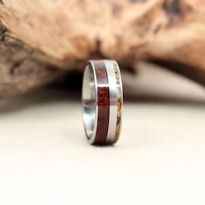 Hybrid Royal Walnut Wood Ring and Baltic Amber Deconstructed Titanium Ring image 1