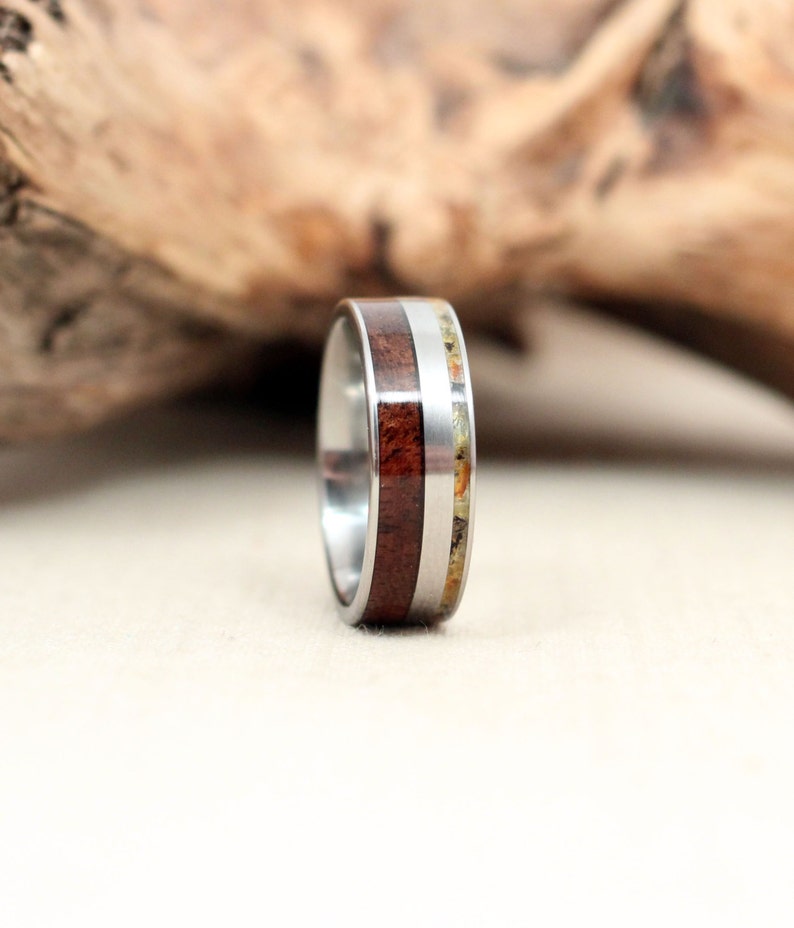 Hybrid Royal Walnut Wood Ring and Baltic Amber Deconstructed Titanium Ring image 1