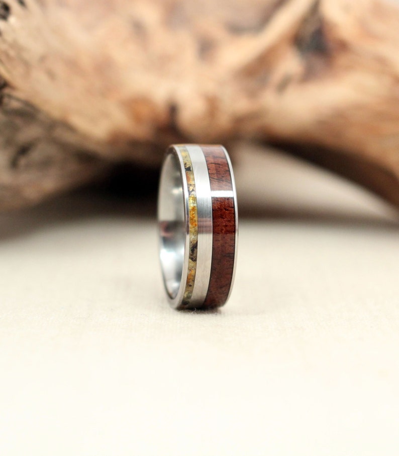 Hybrid Royal Walnut Wood Ring and Baltic Amber Deconstructed Titanium Ring image 2