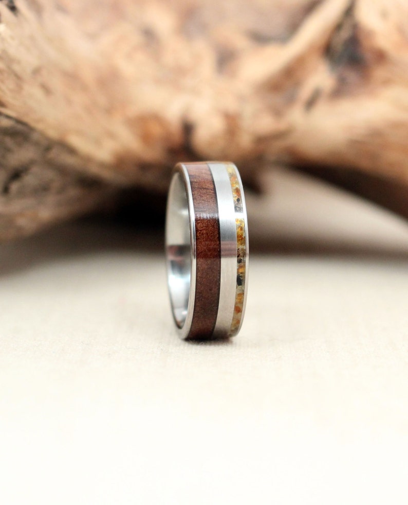 Hybrid Royal Walnut Wood Ring and Baltic Amber Deconstructed Titanium Ring image 3