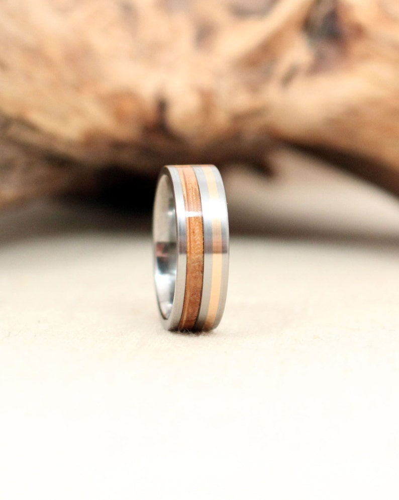 Wooden Ring with Titanium and Gold with Bourbon Barrel White Oak Wood Ring Titanium Ring image 3