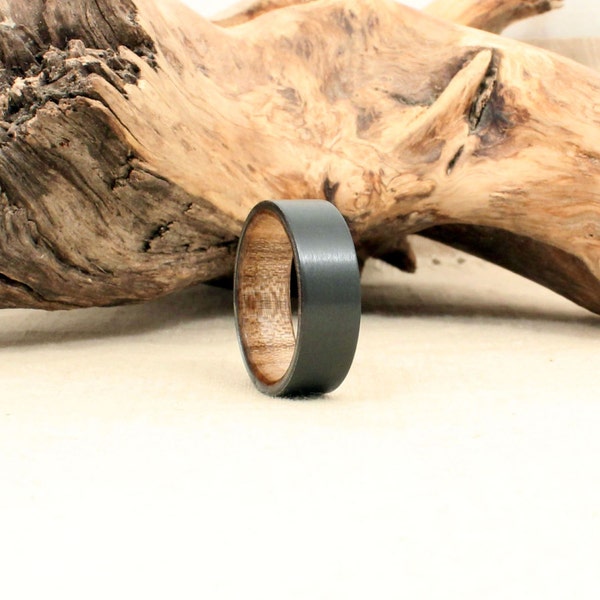 Black Zirconium Wooden Ring Lined with Grey Spalted Maple