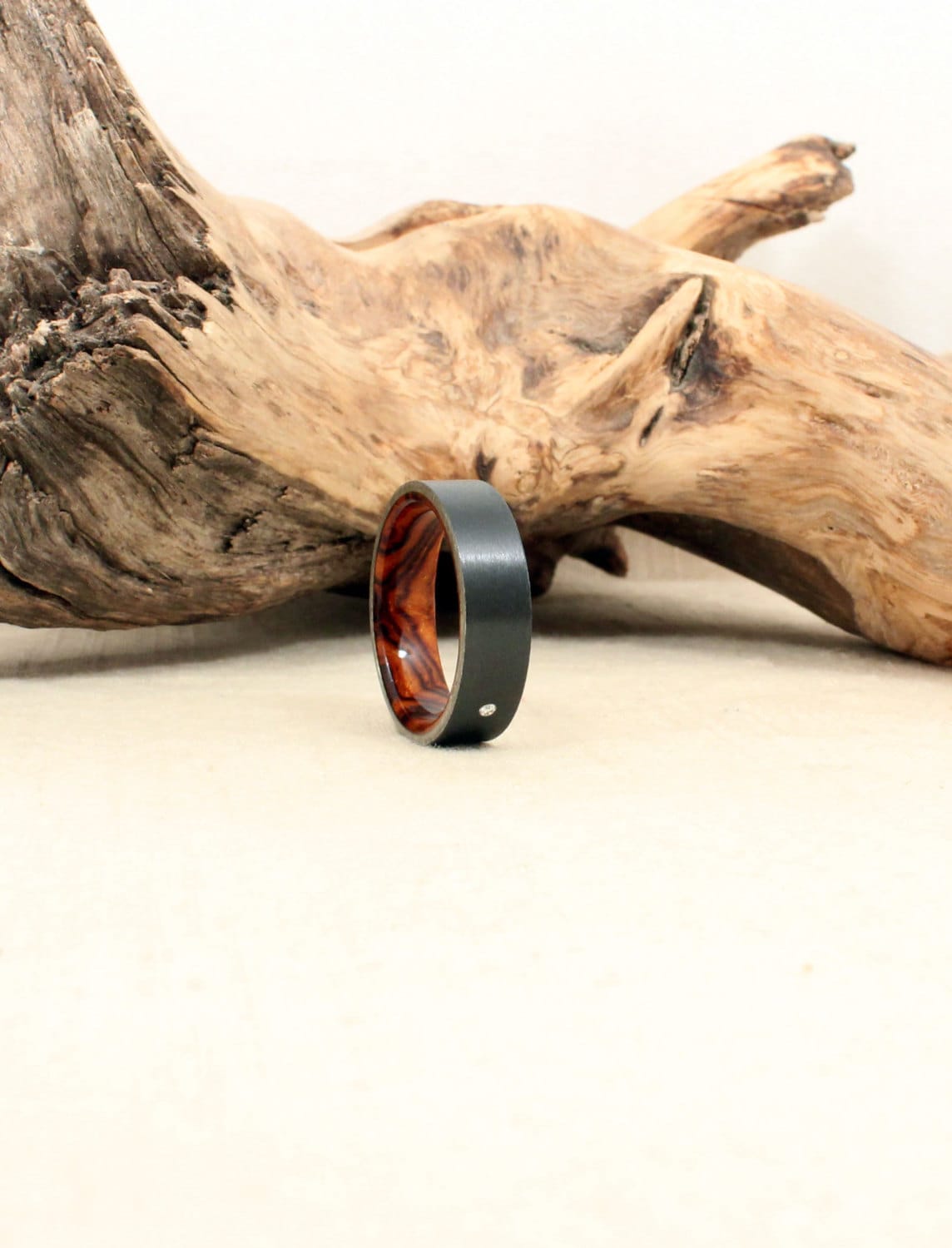 Diamond Inlay Black Zirconium Wooden Ring Lined with Arizona Desert Ironwood Burl