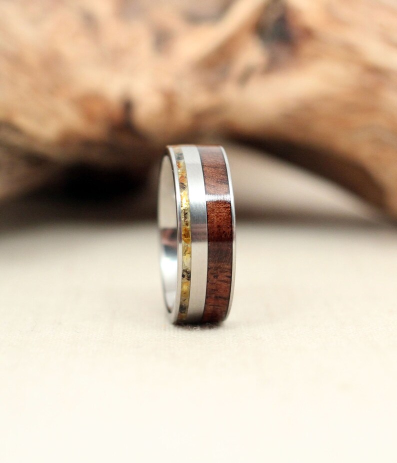 Hybrid Royal Walnut Wood Ring and Baltic Amber Deconstructed Titanium Ring image 4