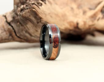 Black Ceramic Ring with Amboyna Burl Heartwood and Sapwood Inlay - Custom Wedding Band