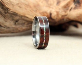 Dark Arizona Desert Ironwood Burl Wood Ring with Mother of Pearl Inlay Wooden Ring Titanium Ring