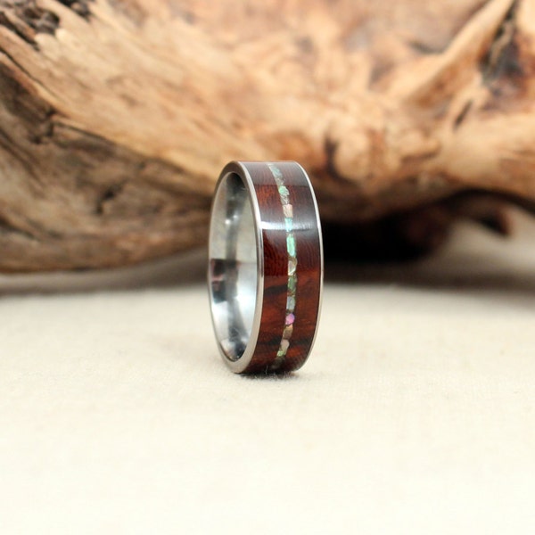 Dark Arizona Desert Ironwood Burl Wood Ring with Mother of Pearl Inlay Wooden Ring Titanium Ring