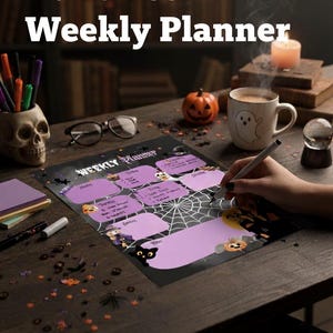 Könnte beinhalten: Ein Halloween-Wochenplaner mit lila und schwarzem Design, mit einem Spinnennetz und Halloween-Charakteren. Der Planer liegt auf einem Holztisch mit einem Totenkopf-Stifthalter, einer Brille und einem Kürbis. Der Text "Halloween Weekly Planner" steht oben.
