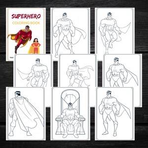 Könnte beinhalten: Ein Superhelden-Malbuch mit einem rot-gelben Cover, das einen fliegenden Superhelden und ein Mädchen mit Umhang zeigt. Das Bild enthält mehrere Schwarz-Weiß-Superhelden-Illustrationen auf einzelnen Karten.