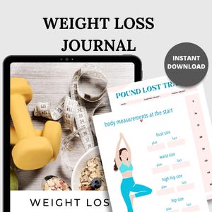 Könnte beinhalten: Digitales Gewichtsverlust-Journal mit dem Text "WEIGHT LOSS JOURNAL". Das Bild enthält eine gelbe Hantel, ein Maßband und eine Schüssel mit Haferflocken. Eine Seite zeigt Körpermaße und einen Pfund-Verlust-Tracker.