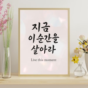 Könnte beinhalten: Ein gerahmter Druck mit koreanischem Text und dem englischen Satz "Live this moment". Das Kunstwerk hat einen goldenen Rahmen und einen zarten rosa Hintergrund. Der koreanische Text ist in fetter schwarzer Schrift.