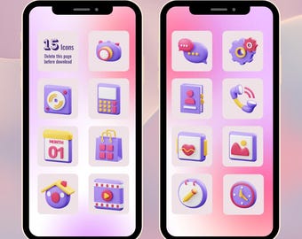 Peut inclure: Deux smartphones affichent des icônes d'applications en rendu 3D sur un fond dégradé rose et violet. Le téléphone de gauche montre des icônes pour un appareil photo, un haut-parleur, une calculatrice, un calendrier, un sac à provisions, une maison et un lecteur vidéo. Le téléphone de droite affiche des icônes pour une bulle de discussion, un engrenage, un carnet de contacts, un téléphone, des lèvres, une image, un crayon et une horloge.