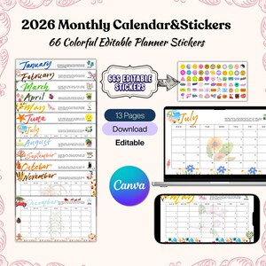 Könnte beinhalten: Ein digitaler Planer für 2026 mit Monatskalendern und Aufklebern. Das Bild zeigt einen Laptop und ein Telefon, die den Kalender anzeigen, zusammen mit einem gedruckten Kalender und einem Bogen mit Aufklebern. Der Planer umfasst 13 Seiten und ist herunterladbar und bearbeitbar.
