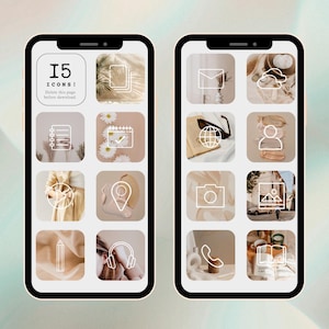 Könnte beinhalten: Zwei Smartphones, die benutzerdefinierte App-Symbole in einem beige-weißen Farbschema anzeigen. Das linke Telefon zeigt Symbole mit dem Text "I5 ICONS!" und das rechte Telefon hat Symbole für E-Mail, Kamera und mehr. Das Thema ist minimalistisch und ästhetisch.