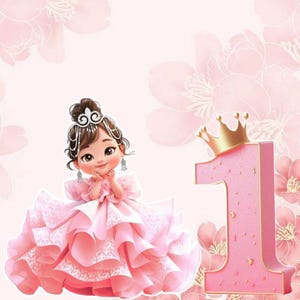 Cartão de primeiro aniversário para menina, decoração para sessão de fotos, decoração para festa de bebê, design para álbum de memórias (produto digital)