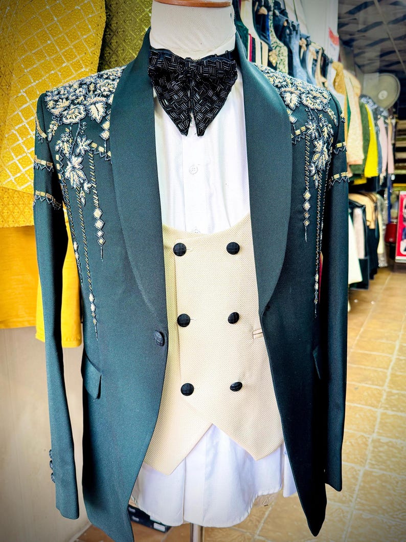 Regal Embroidered Three-Piece Suit – Handmade Formal Tuxedo with Ornate Detailing | Vintage-Inspired Men's Wedding & Event Outfit