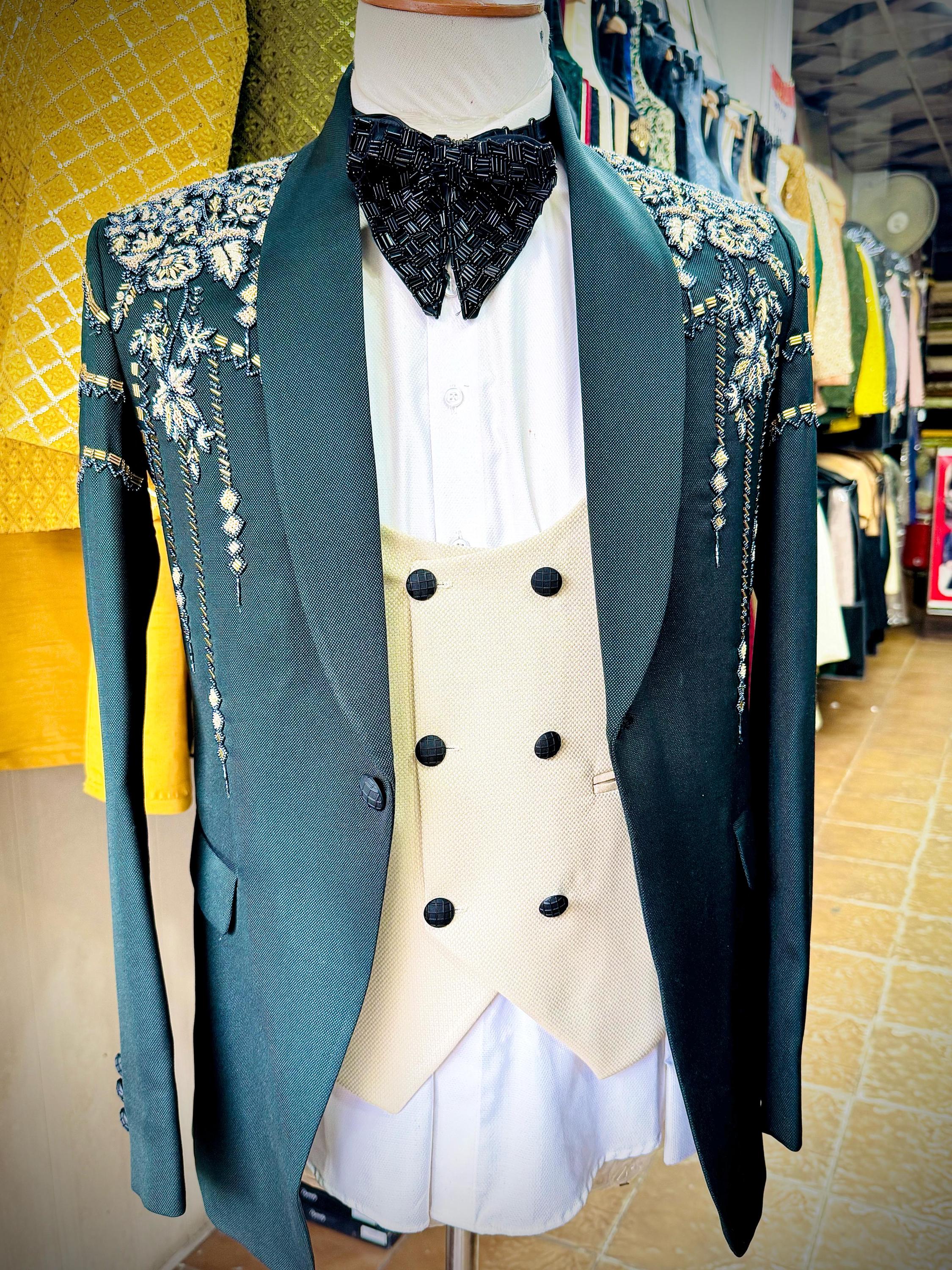 Regal Embroidered Three-Piece Suit – Handmade Formal Tuxedo with Ornate Detailing | Vintage-Inspired Men&#39;s Wedding & Event Outfit
