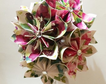 Paper Flower Bouquet of Watercolor Flowers- one of a kind bouquet, a dozen origami flowers, wedding bouquet, anniversary gift