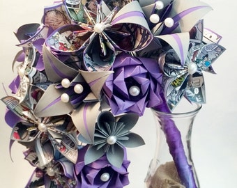 Comic Book Cascading Bouquet- Paper Bouquet, one of a kind origami, Bridal bouquet, kusudama, paper roses & lilies, your color scheme, gift